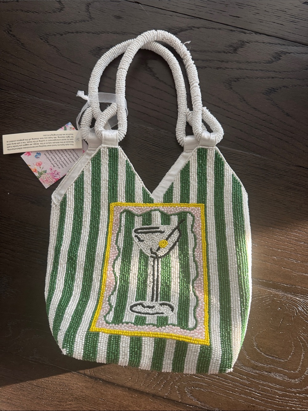 Beaded Green & White Striped Cocktail Tote Bag